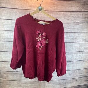 Christopher & Banks Burgundy Floral Embroidered Pullover Sweater